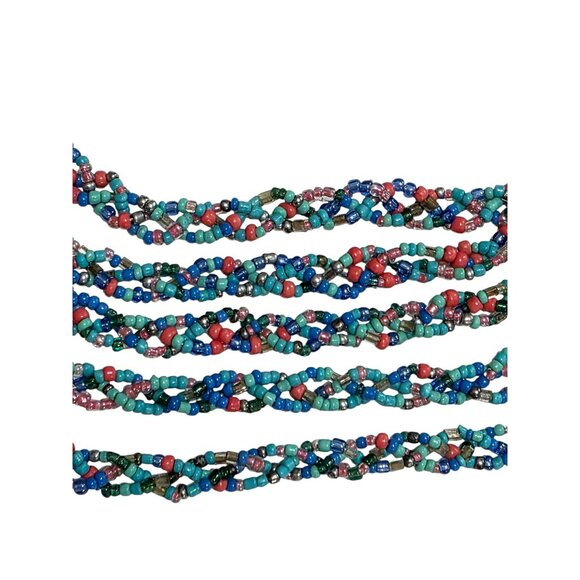 Beaded Layered Necklace Boho 5 Braided Multicolor Strands Beads Blue Silver Tone - Picture 5 of 8